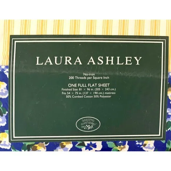 Laura Ashley Full Flat Sheet Floral Gingham Blue Yellow Charming Vintage Bedding